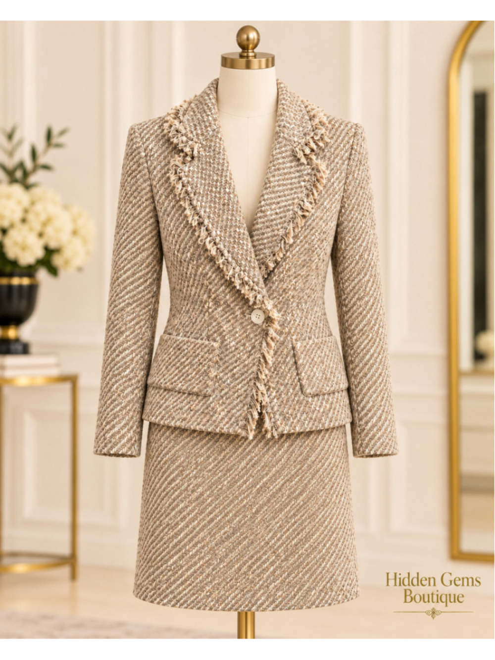 Women's Anne Klein Tweed Skirt Suit Size 6 Beige White Fringe Trim - Picture 4 of 8